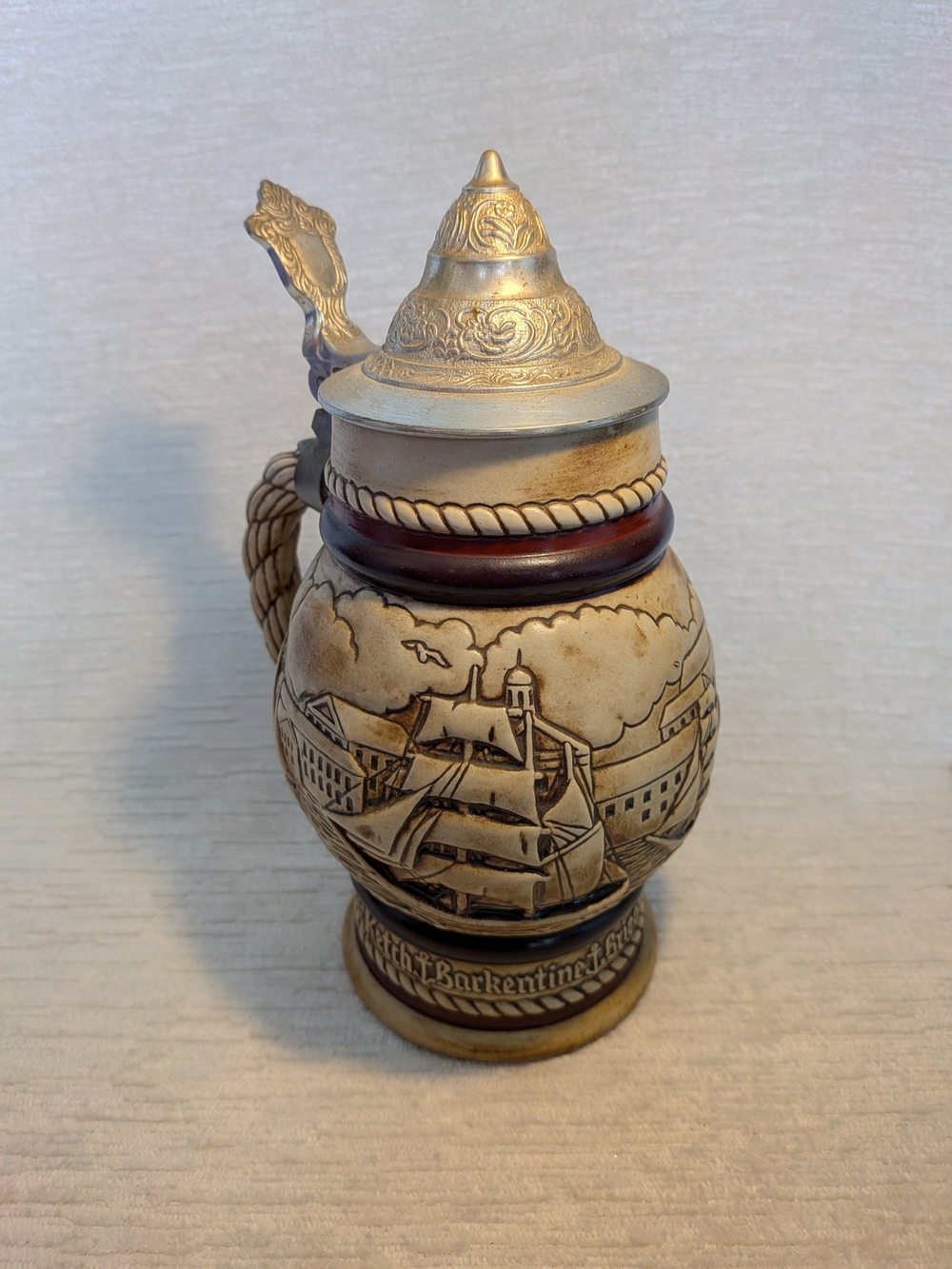 AVON 1977 Ornate Ceramic Beer Stein with Pewter Lid - Tall Ships,Ivory and Brown - Picture 1 of 16